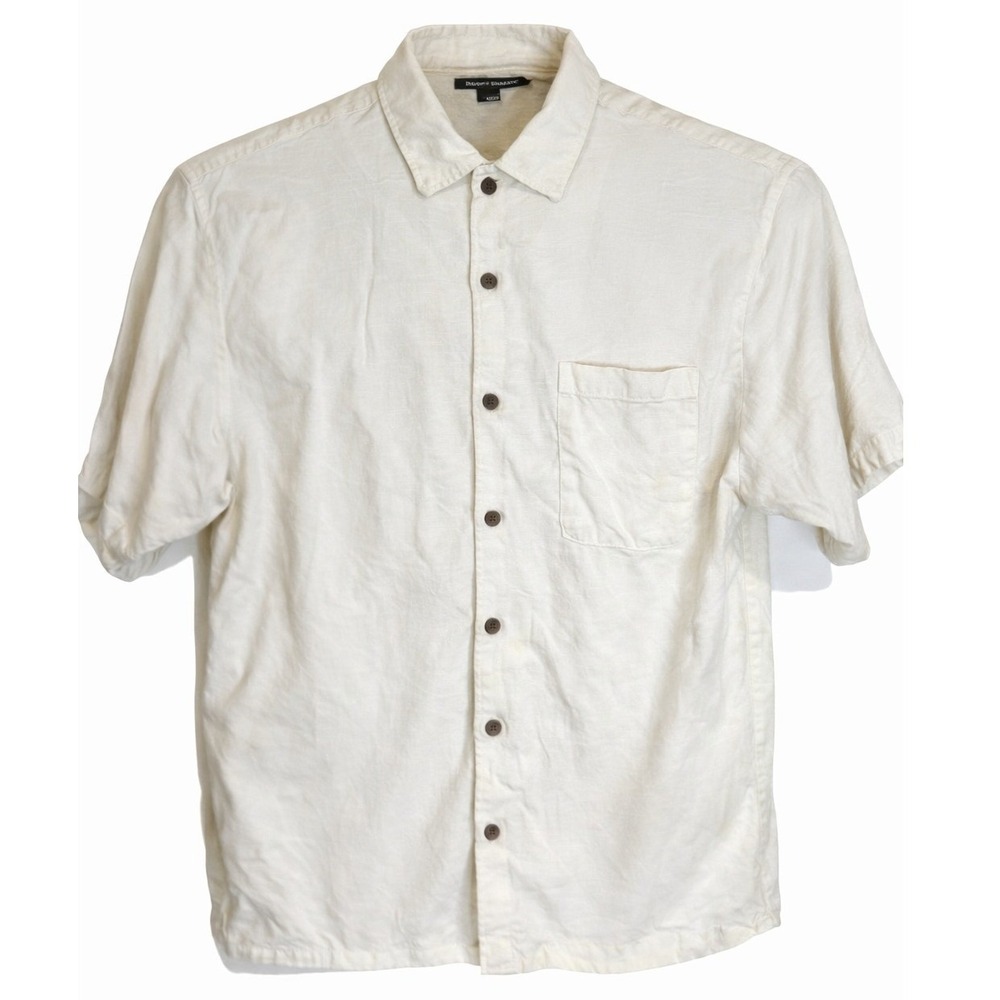 Tommy Bahama Silk Button Up Shirt Short Sleeve‎ Jacquard Beige Mens Size L